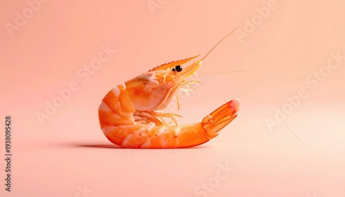 A single cooked shrimp presented on a clean pink background in a studio setting.