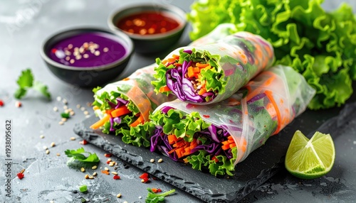 Colorful fresh vegetable spring rolls served with dipping sauces and lime wedges.