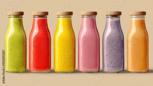 Set of various fruit and vegetable smoothies in glass bottles on solid beige background