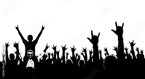 Crowd at a Music Concert with Hands Raised and Rock On Gestures
