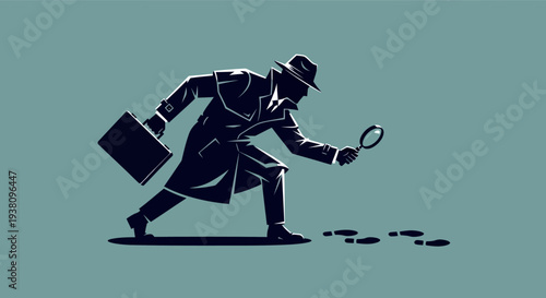 Detective with Magnifying Glass Investigating Footprints on Mysterious Background