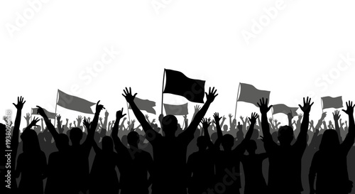 Crowd of people with raised hands and flags, silhouette, symbolizing unity and celebration