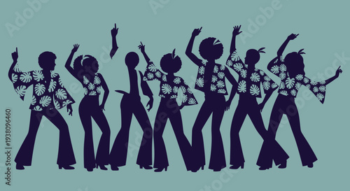 Disco Era Silhouettes of People Dancing in Bell Bottoms and Afro Hairstyles
