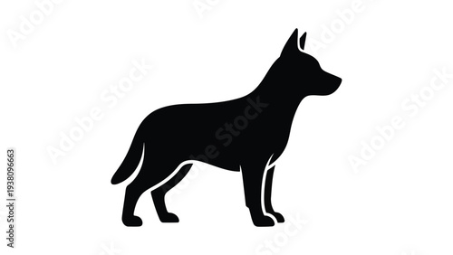 Black dog silhouette standing profile on white background, simple graphic design element