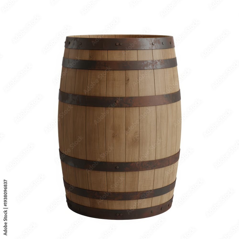 Obraz premium Wooden barrel with metal staves on white background