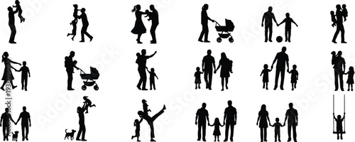 Large Collection of Family Silhouettes Featuring Parents Playing with Children Reading Walking and Riding Bicycle for Lifestyle Graphic Design