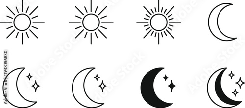 Collection of Minimalist Line Icons Featuring Sun and Moon Symbols with Stars for Weather Forecasting and Day Night Cycle Designs