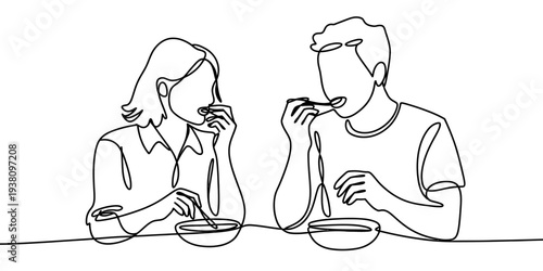 One line drawing of couple eating noodles together at table