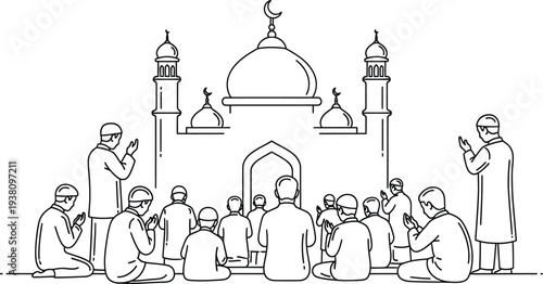 Line art illustration of Muslims praying in front of a mosque during Eid prayer worship