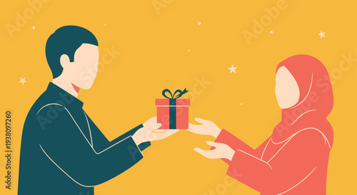 Man giving a gift to a woman in hijab, celebrating Eid with a yellow background and stars