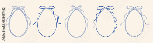 Blue Easter frames with egg shape, bows and ribbons, hand drawn doodle style line art. Decorative outlines for greeting card, invitation, wedding design, baby shower, branding, poster, print
