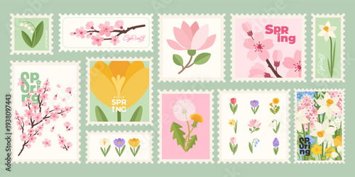 Botanical postage Stamp Set with beautiful Spring flowers, tulip, daffodil, crocus, hyacinth, bluebell, sakura, dandelion, lily of the valley. Floral design template for cards, stickers