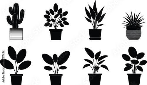 Potted Houseplant Silhouette Collection Featuring Cactus, Succulents, and Indoor Foliage Plants, Black Floral Home Decor Vector Illustration Set Design Elements
