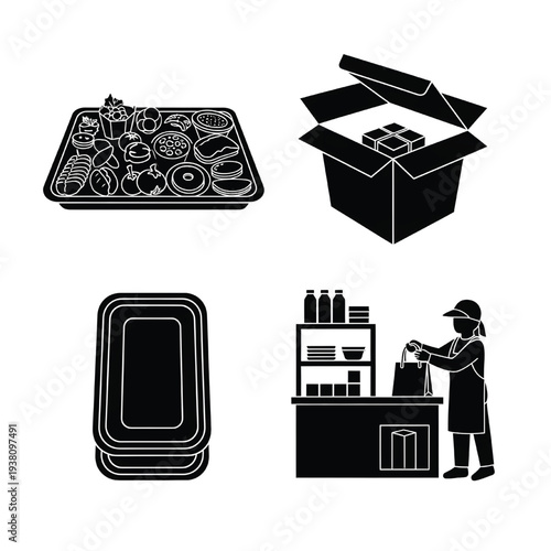 A food delivery worker prepares an order at a counter with various takeout containers