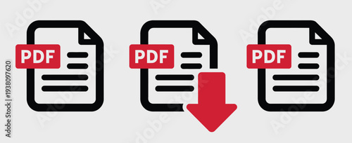 PDF Vector Icon Collection, Including File Format Symbols with Download Indicators for Websites, Applications, Document Management, and Creative Graphic Design Applications.