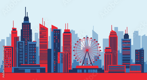 Ferris Wheel in City Skyline Illustration.