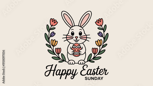 Easter bunny holding heart surrounded by colorful flowers on happy easter sunday