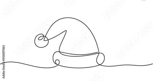One line drawing of santa hat with pom pom, minimalist christmas decoration