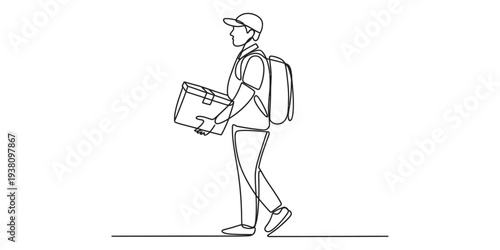 Delivery man walking with package, courier service, simple line art