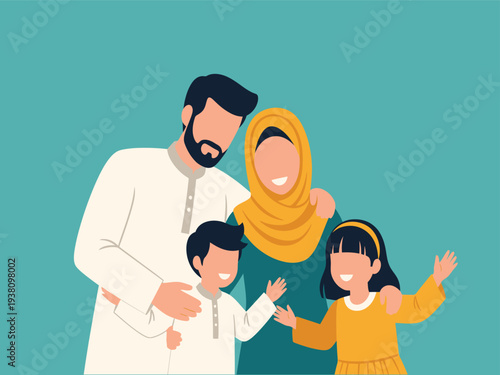 Muslim family celebrating Eid with smiles and raised hands Mubarak celebration