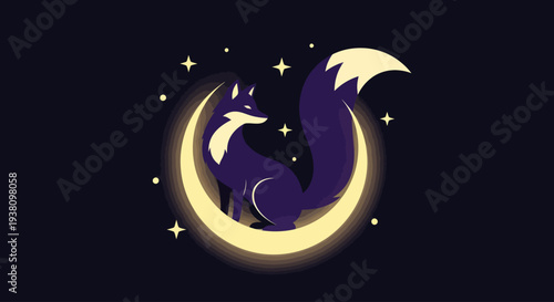 Cat Sitting on Crescent Moon Illustration.