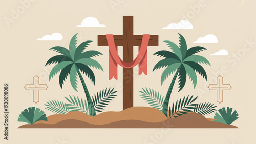 Easter cross with red cloth on sandy hill surrounded by palm trees and other graves