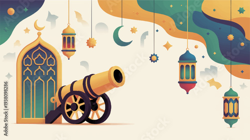 Vintage cannon with ornate lanterns and crescent moon for ramadan celebration background
