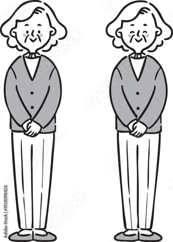 シニア女性　祖母　全身　ベクター（モノクロ）