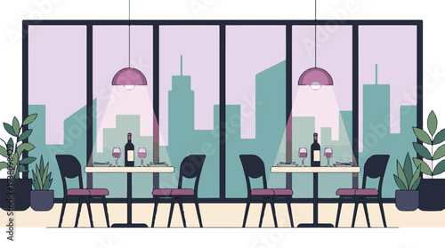 Modern restaurant interior with two tables, wine, and city view at dusk