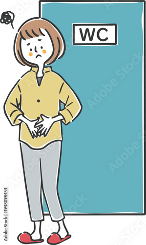 トイレの前でお腹を押さえている女性　全身　ベクター