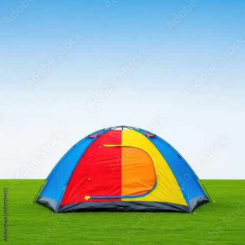 A colorful dome tent pitched securely on a vibrant green lawn under a bright sky. The scene suggests summer camping or a relaxing outdoor retreat, peaceful, environment, summer