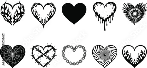 Set of black heart icons including flaming hearts, barbed wire designs, spider webs, dripping liquid effects, and gothic tattoo style illustrations.