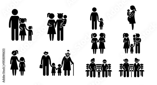 Diverse Family Groups Representing Different Generations and Structures Icon Set