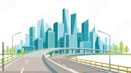 Modern urban cityscape with skyscrapers, elevated roads, and green trees