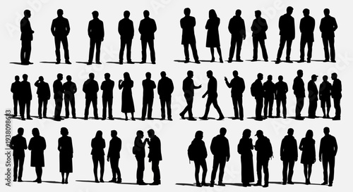 Diverse Collection of Silhouettes of People in Various Poses and Groups