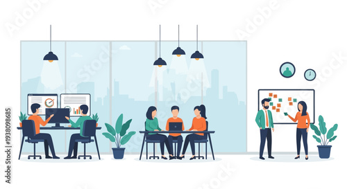 Diverse business team collaborating in modern open space with brainstorming board