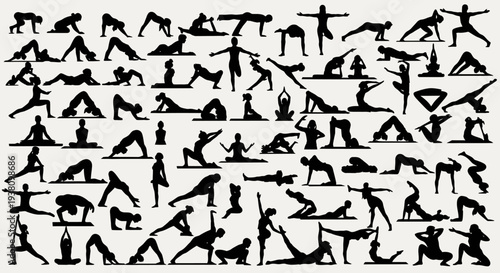 Diverse Collection of Silhouettes Performing Various Yoga Poses for Wellness