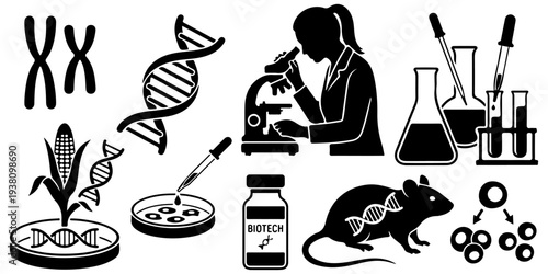 Set of biotechnology and genetic engineering silhouettes, including DNA strands, scientist with microscope, GMO corn, lab mouse, and medical glassware isolated