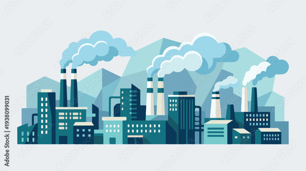 Obraz premium Industrial cityscape with factories emitting smoke, flat vector illustration