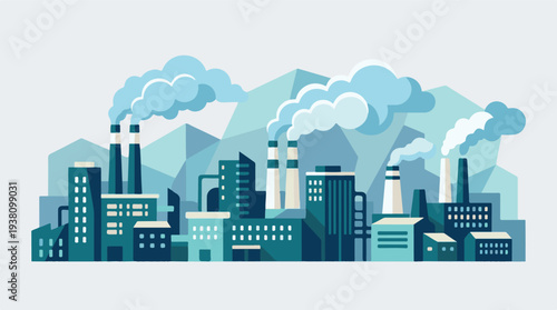 Industrial cityscape with factories emitting smoke, flat vector illustration