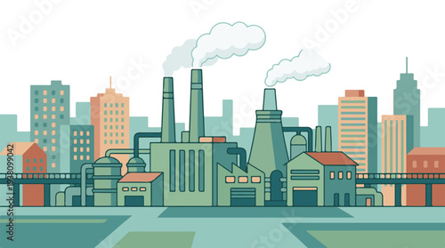 Industrial cityscape with factories, smokestacks, and environmental pollution