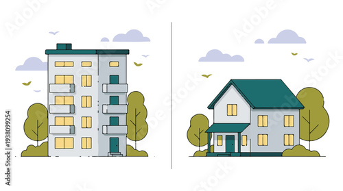 Apartment building vs. private house illustration, urban vs. suburban living