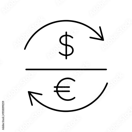 Currency exchange line icon. Dollar and Euro symbols with arrows indicating conversion, representing financial transactions and global trade. Created in a minimalist outline style with a black