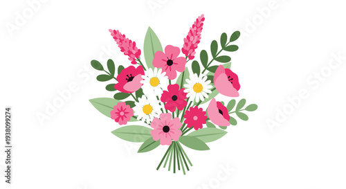 A colorful bouquet of flowers with pink and white petals and green leaves on a white background