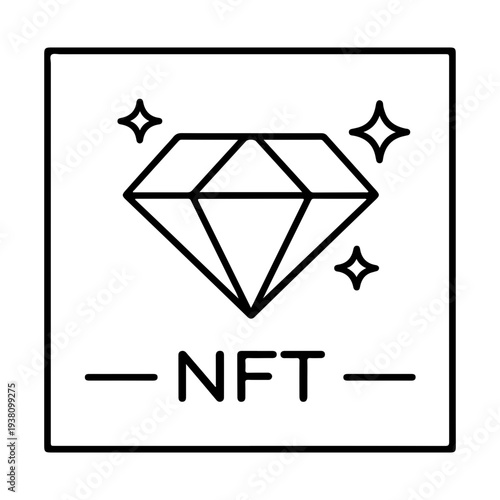 NFT diamond outline icon. A sparkling faceted diamond symbol with the text "NFT" below, enclosed in a square frame. Created in a minimalist line art style with a black and white palette.