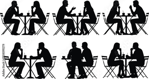 Set of silhouettes showing people sitting at cafe tables talking, dating, and drinking coffee in various social interaction poses isolated