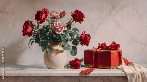 Red and Pink Roses with a Gift Box on a Marble Table