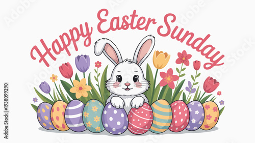 Colorful easter bunny with decorated eggs and flowers on happy easter sunday