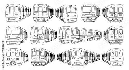 Metro train collection vector sketches line art illustrations for coloring and design