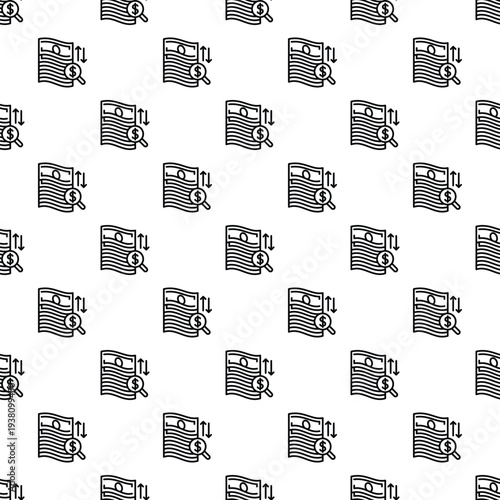 Financial document with up and down arrows, magnifying glass, and dollar sign forming a seamless pattern